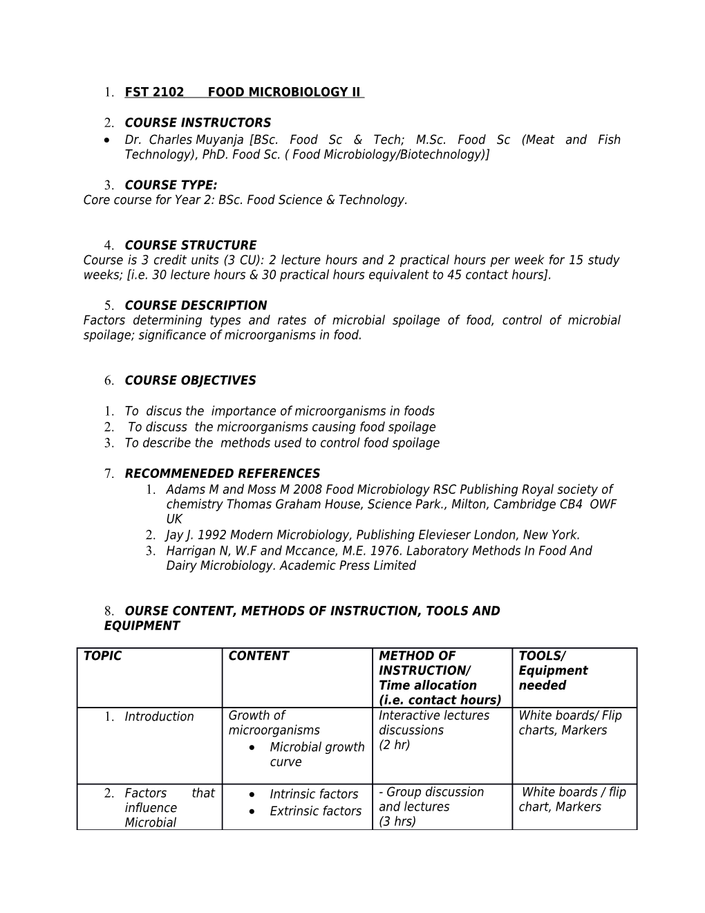 Core Course for Year 2: Bsc. Food Science & Technology