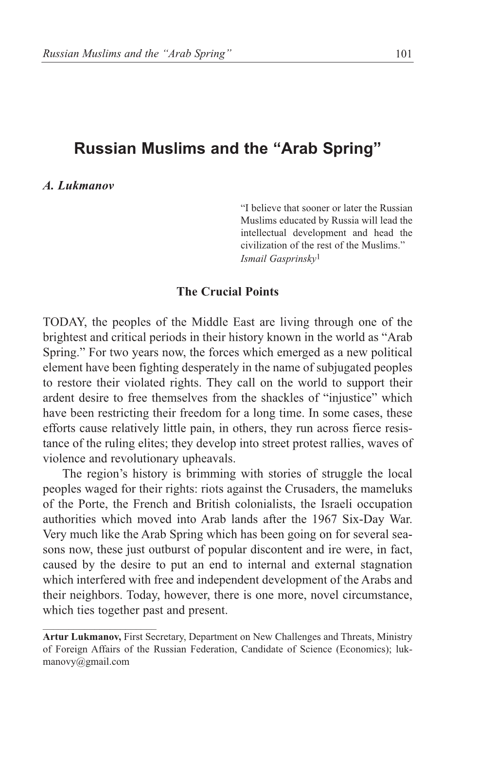 Russian Muslims and the “Arab Spring” 101