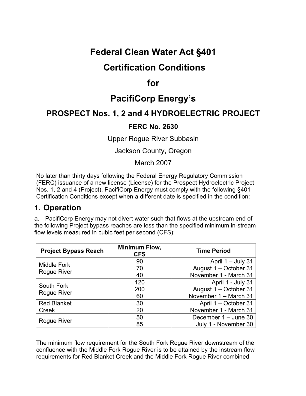 Certification Conditions for Pacificorp Energy’S PROSPECT Nos