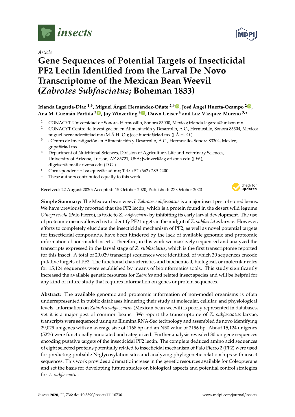 Gene Sequences of Potential Targets of Insecticidal PF2 Lectin Identified