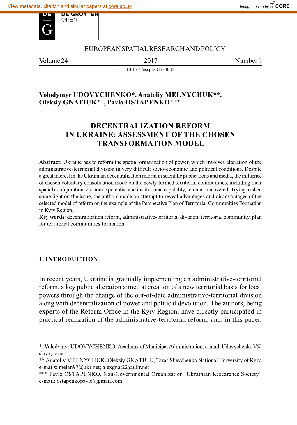 Decentralization Reform in Ukraine: Assessment of the Chosen Transformation Model