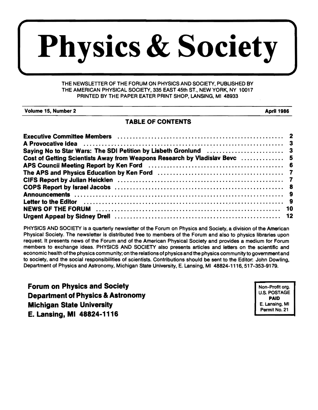 PHYSICS and SOCIETY, Volume 15, Number 2 April 1986 Page 2