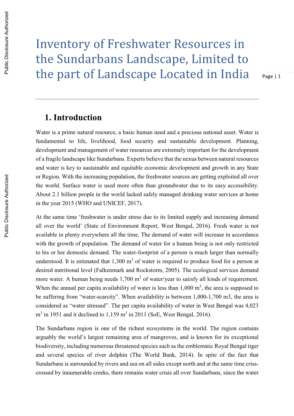 Inventory of Freshwater Resources in the Sundarbans Landscape, Limited To