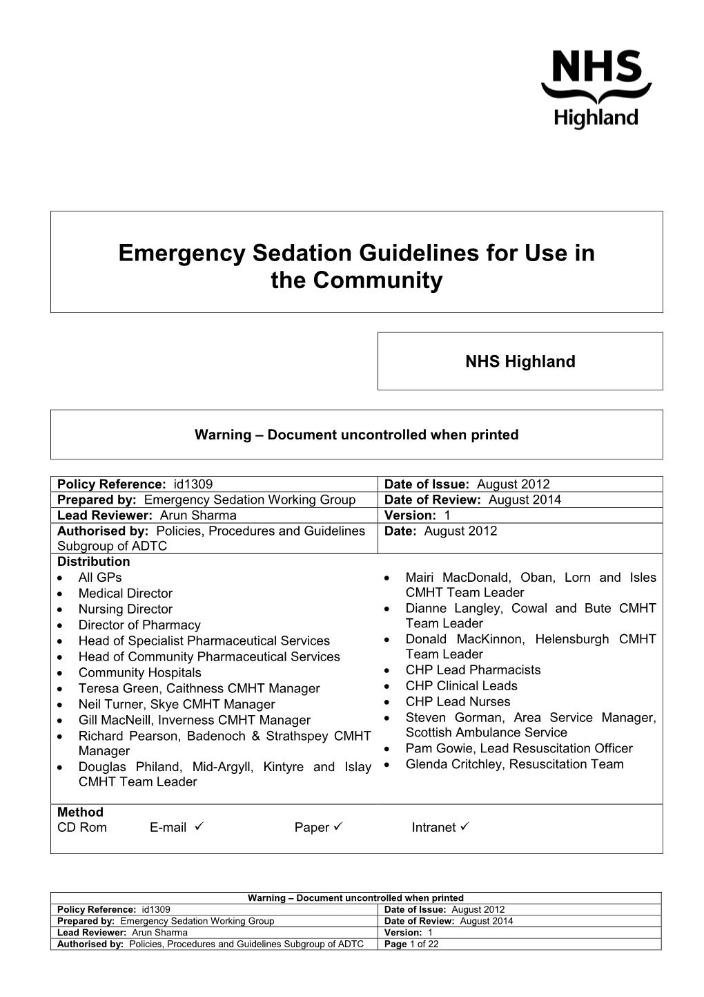 Emergency Sedation Guidelines for Use in the Community