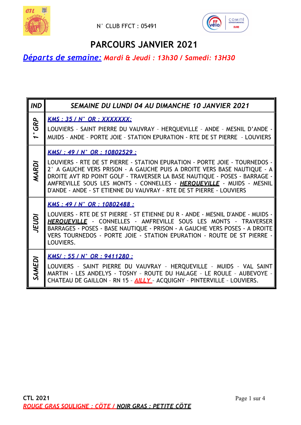 PARCOURS JANVIER 2021 Départs De Semaine: Mardi & Jeudi : 13H30 / Samedi: 13H30