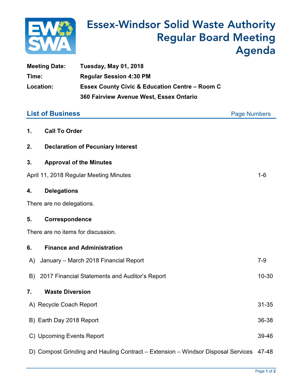 Aprill 11, 2018 Regular Board Meeting Minutes