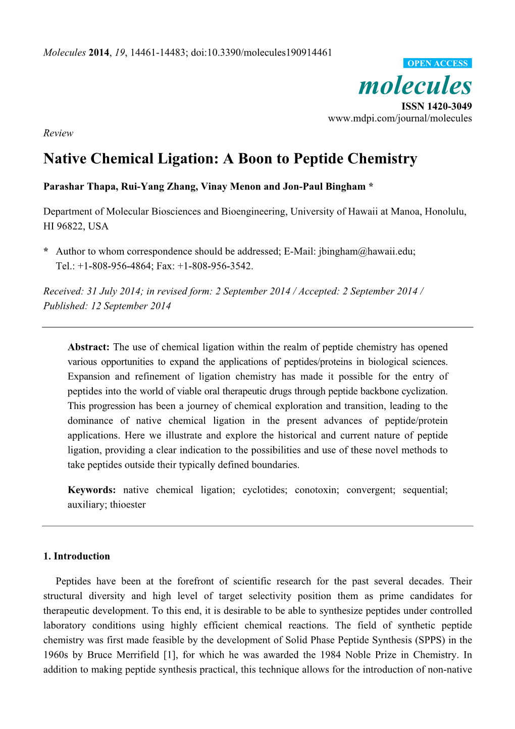 Native Chemical Ligation: a Boon to Peptide Chemistry