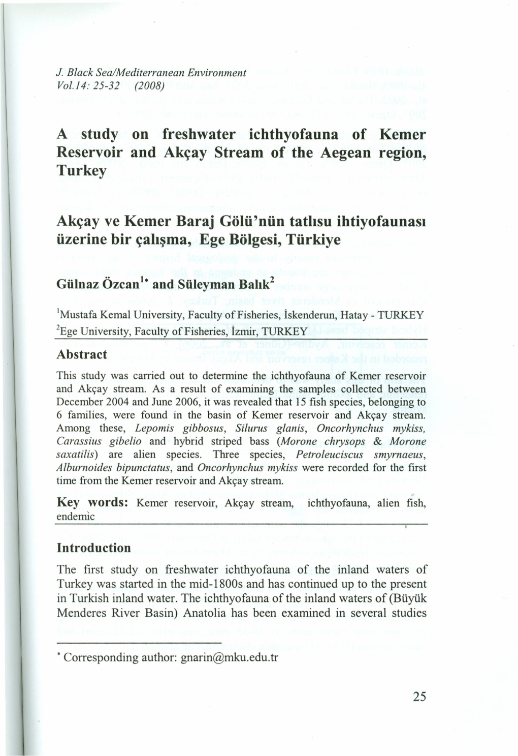 A Study Reservoir Turkey on Freshwater Ichthyofauna of Kemer