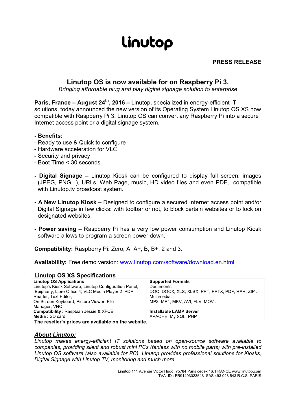 Press Release Linutop OS XS for Raspberry PI3 Endraftb