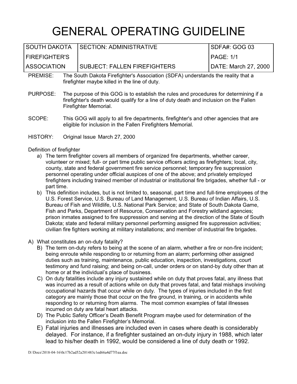 General Operating Guideline