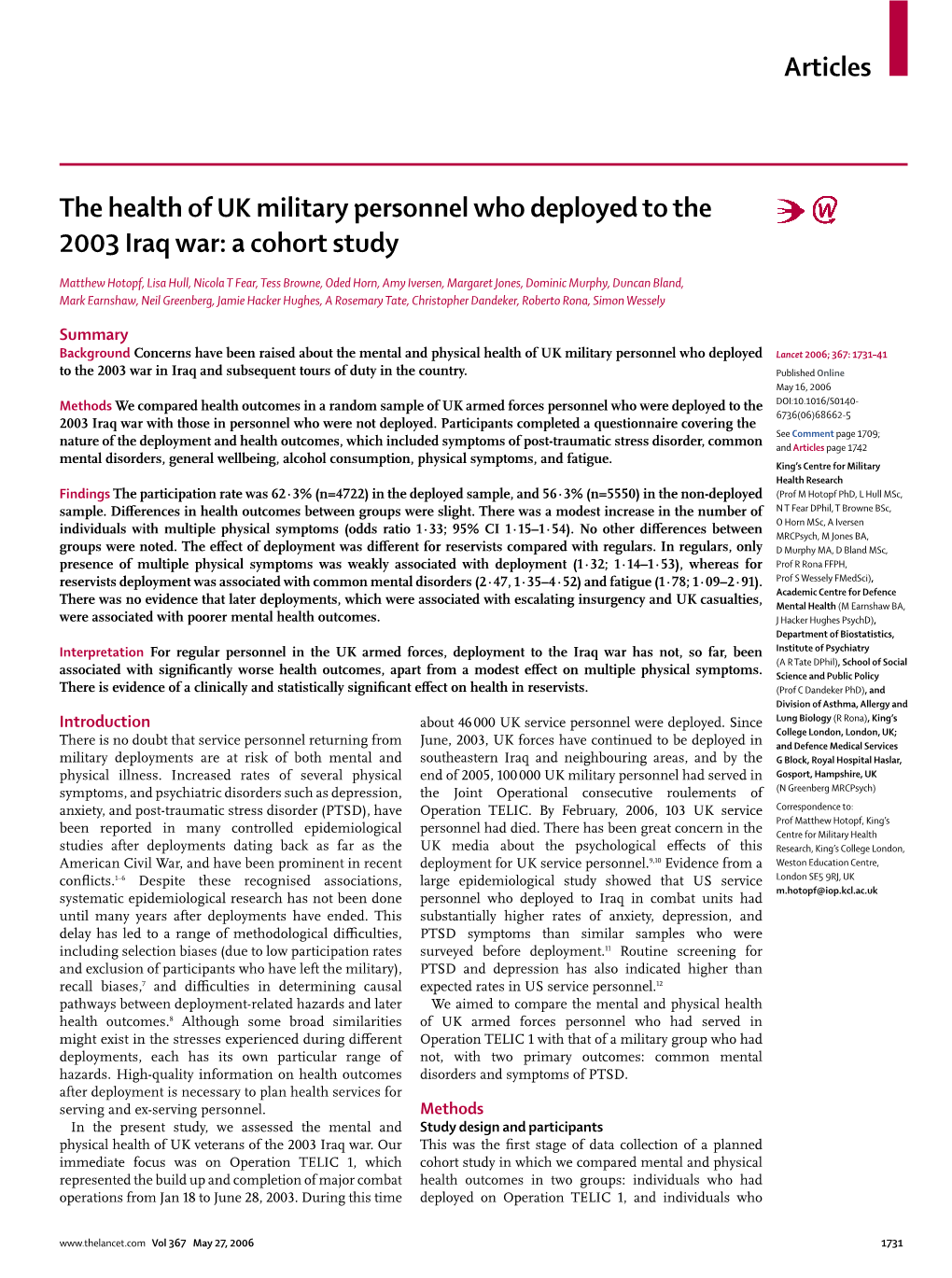 The Health of UK Military Personnel Who Deployed to the 2003 Iraq War: a Cohort Study
