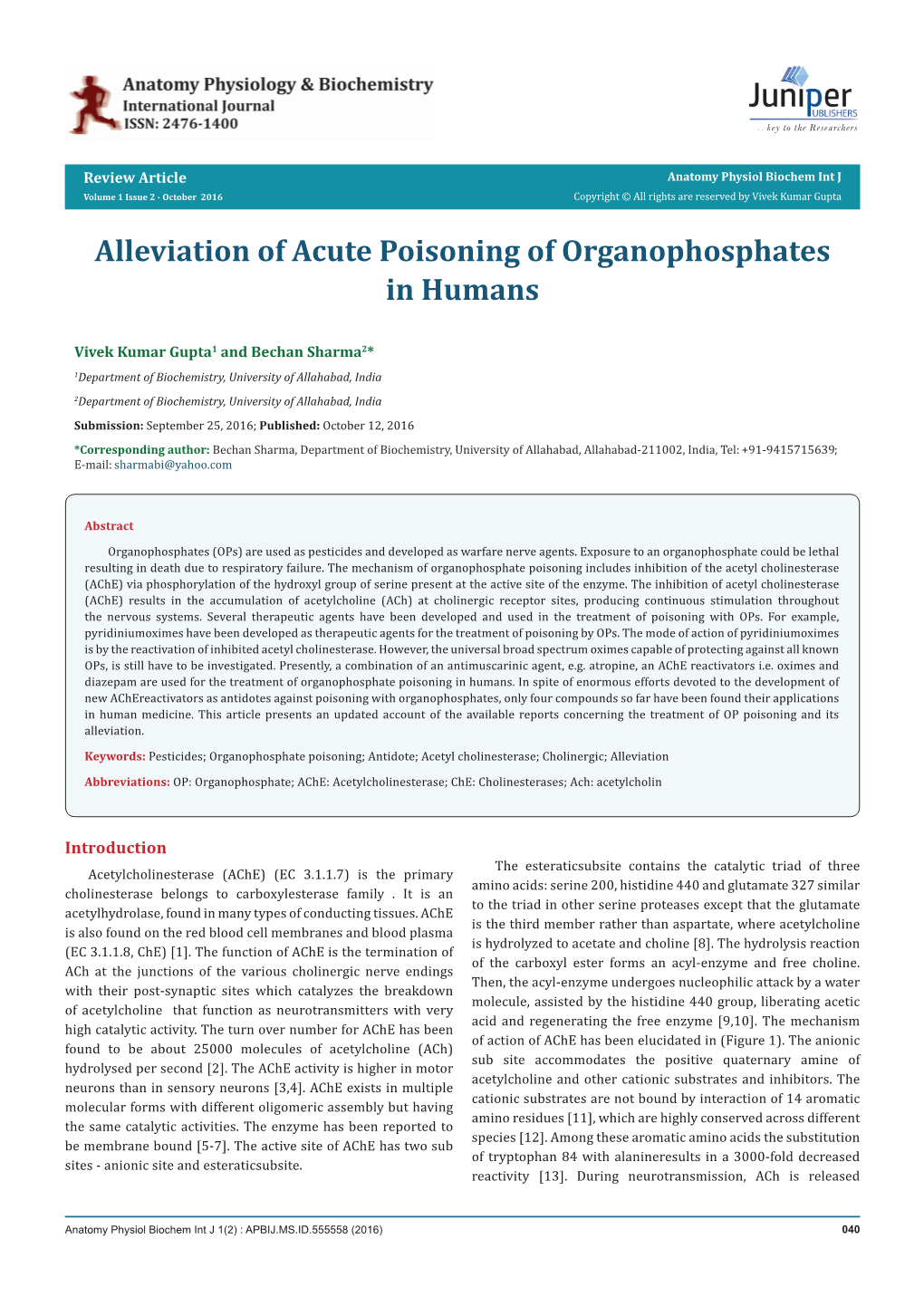 Alleviation of Acute Poisoning of Organophosphates in Humans