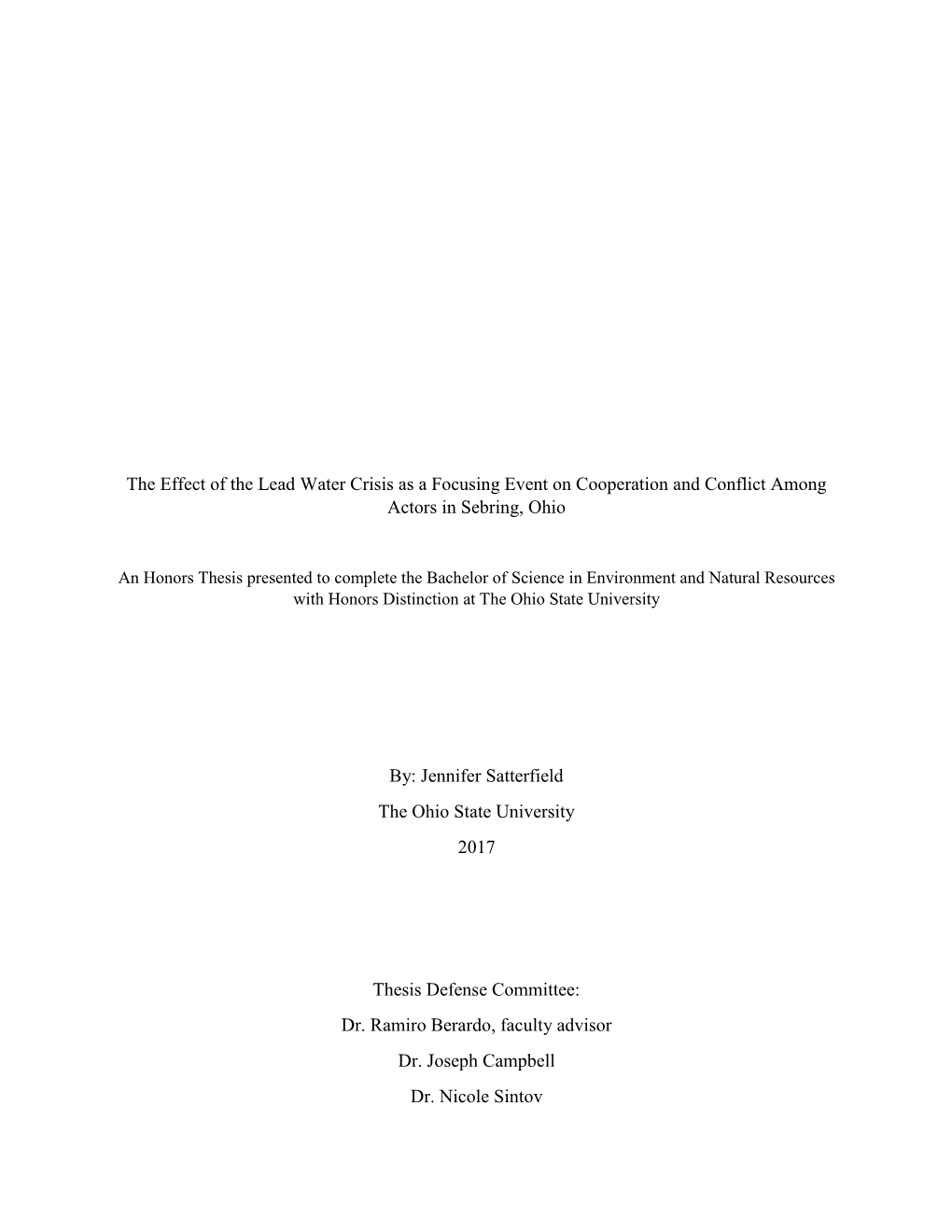 The Effect of the Lead Water Crisis As a Focusing Event on Cooperation and Conflict Among Actors in Sebring, Ohio