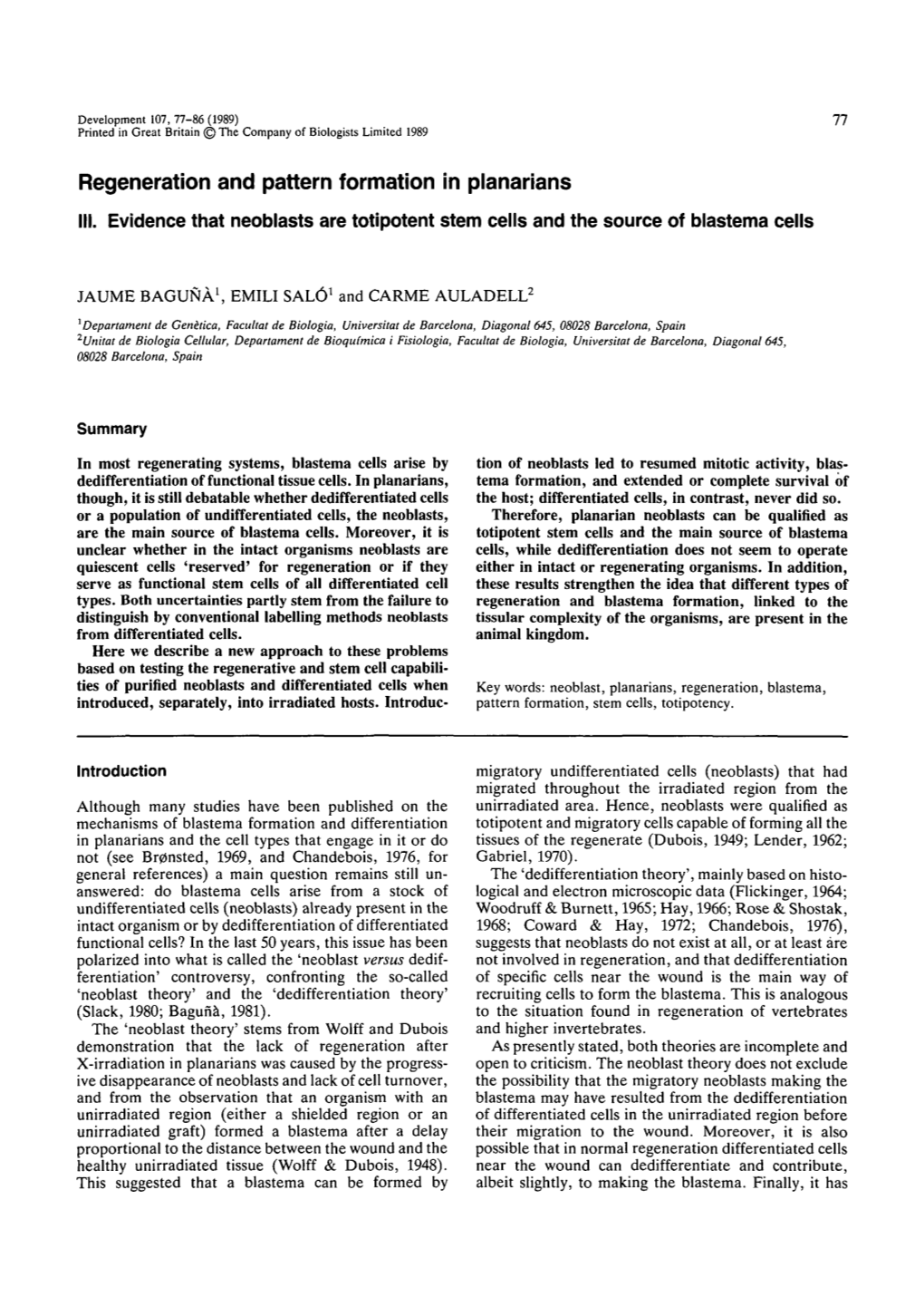 Regeneration and Pattern Formation in Planarians