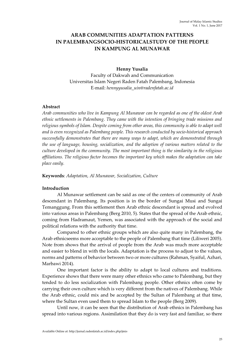 Arab Communities Adaptation Patterns in Palembangsocio-Historicalstudy of the People in Kampung Al Munawar