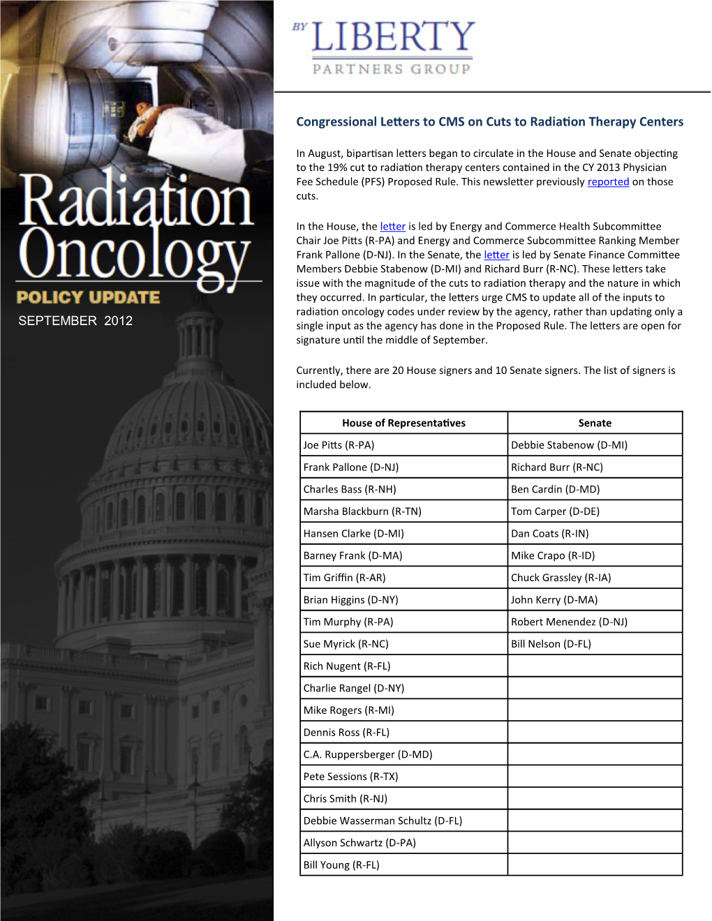 Congressional Letters to CMS on Cuts to Radiation Therapy Centers