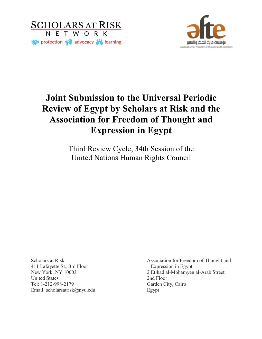 Joint Submission to the Universal Periodic Review of Egypt by Scholars at Risk and the Association for Freedom of Thought and Expression in Egypt