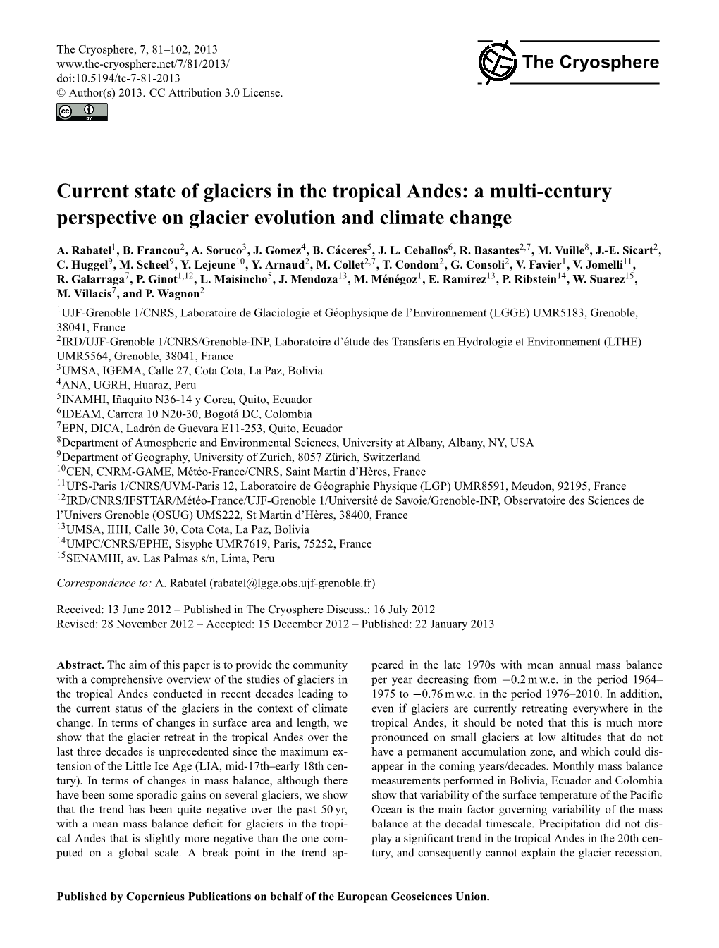 Current State of Glaciers in the Tropical Andes: a Multi-Century Perspective on Glacier Evolution and Climate Change