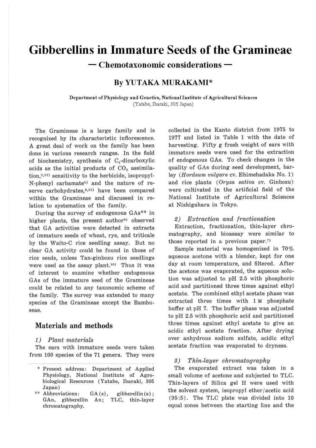 Gibberellins in Immature Seeds of the Gramineae - Chemotaxonomic Considerations