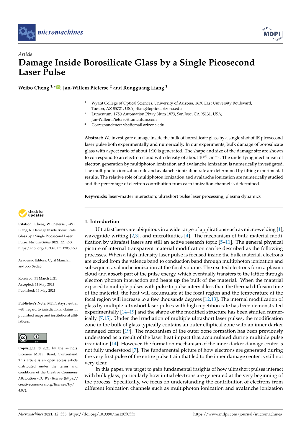 Damage Inside Borosilicate Glass by a Single Picosecond Laser Pulse