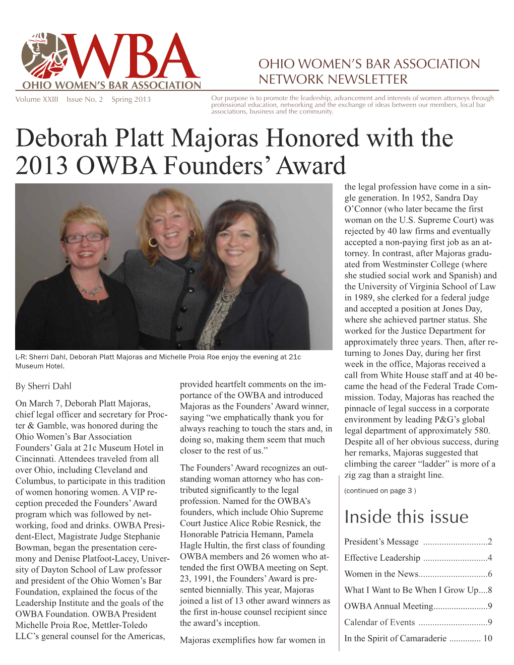 Deborah Platt Majoras Honored with the 2013 OWBA Founders' Award
