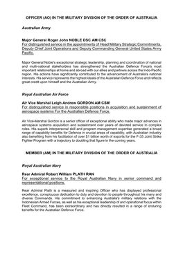 Australia Day 2021 Honours List – Defence Recipients