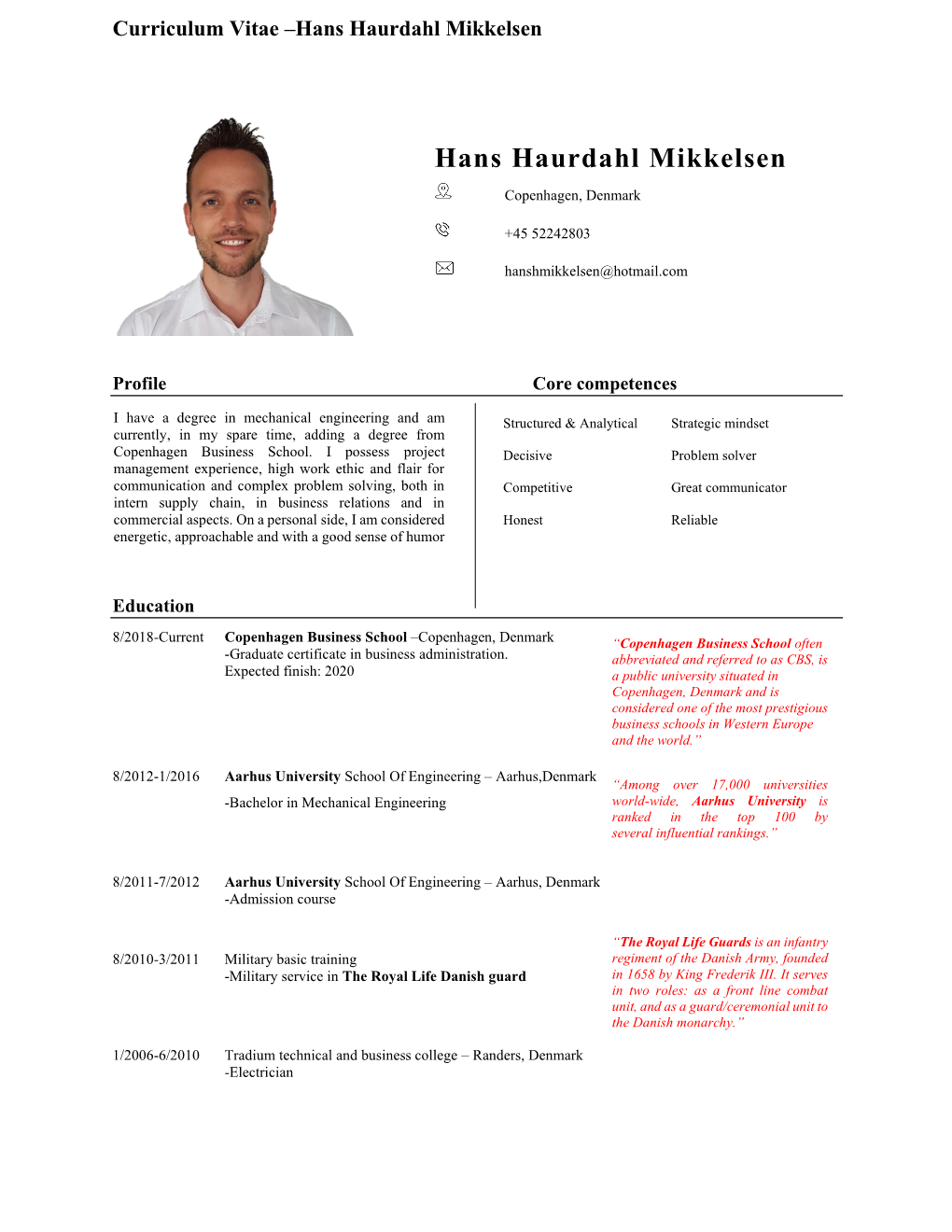 Curriculum Vitae –Hans Haurdahl Mikkelsen