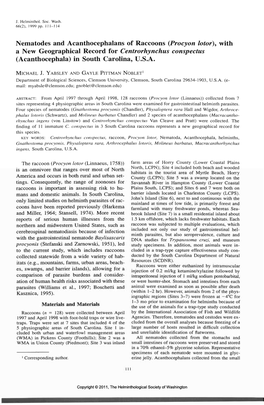 Nematodes and Acanthocephalans of Raccoons (Procyon Lotor}, with a New Geographical Record for Centrorhynchus Conspectus (Acanthocephala) in South Carolina, U.S.A