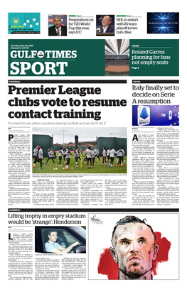 Premier League Clubs Vote to Resume Contact Training