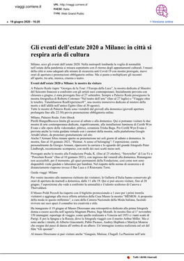 Gli Eventi Dell'estate 2020 a Milano: in Città Si Respira Aria Di Cultura
