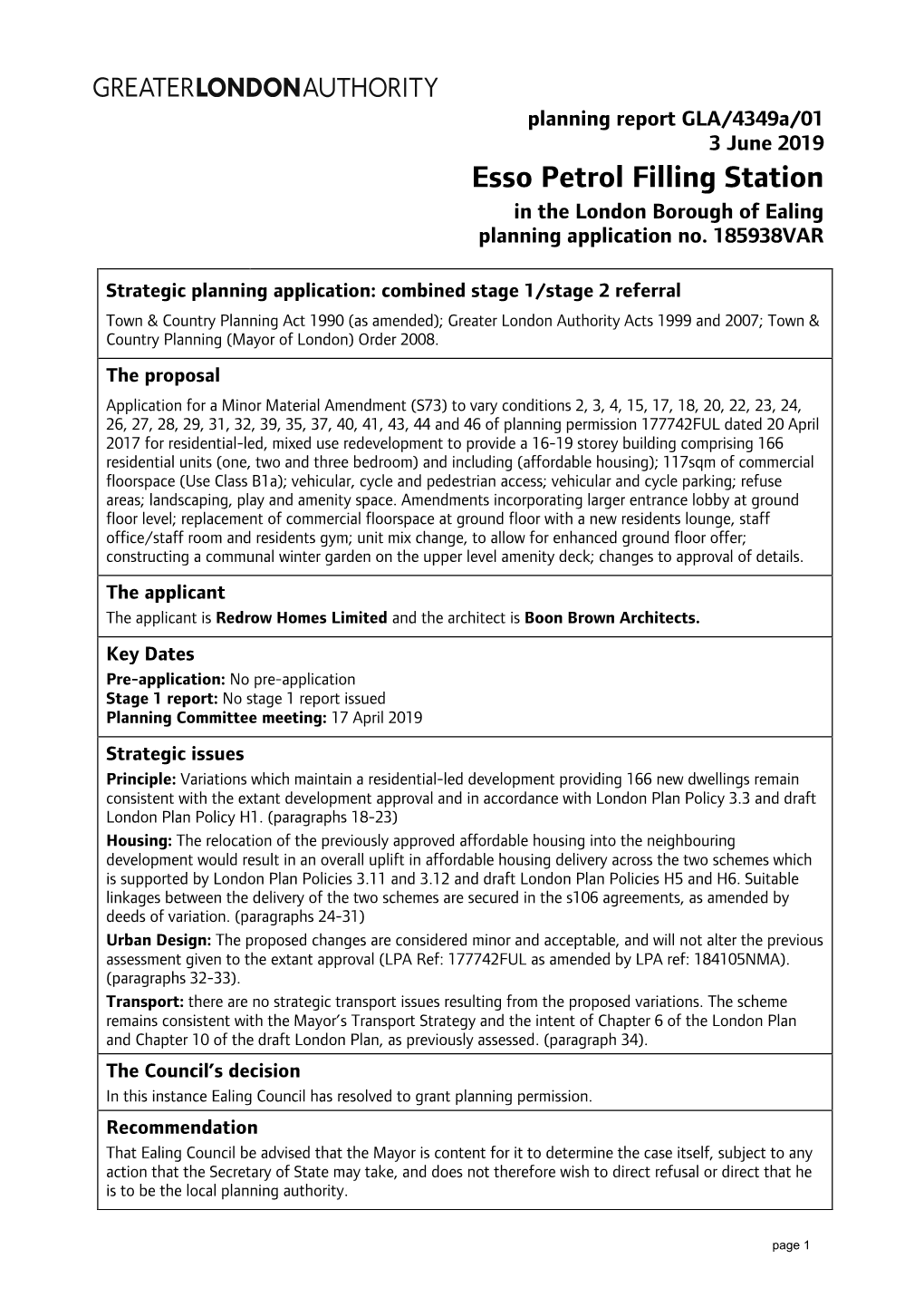 Esso Petrol Filling Station in the London Borough of Ealing Planning Application No