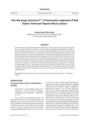 “Are My Songs Literature?”1: a Postmodern Appraisal of Bob Dylan's American Popular Music Culture