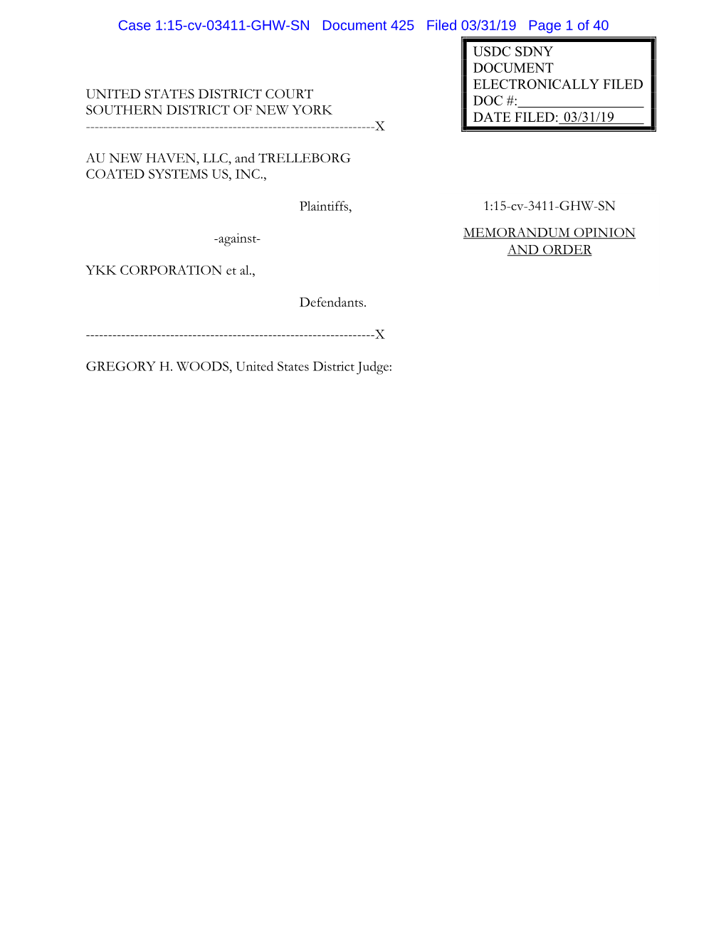 Case 1:15-Cv-03411-GHW-SN Document 425 Filed 03/31/19 Page 1 of 40