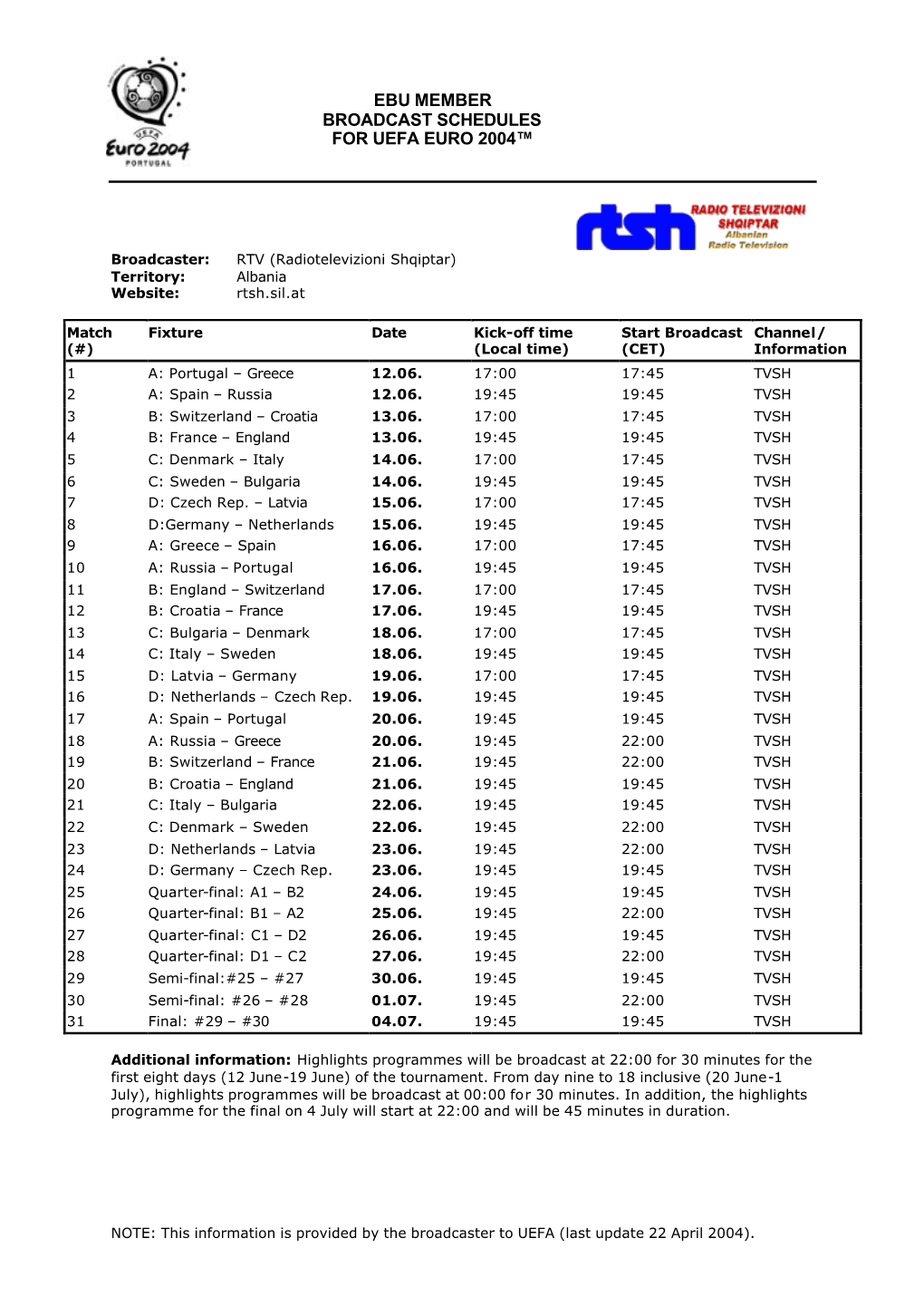 Ebu Member Broadcast Schedules for Uefa Euro 2004™