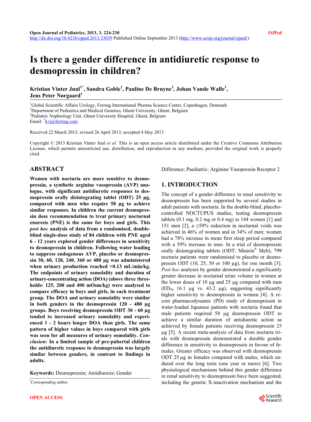 Is There a Gender Difference in Antidiuretic Response to Desmopressin in Children?