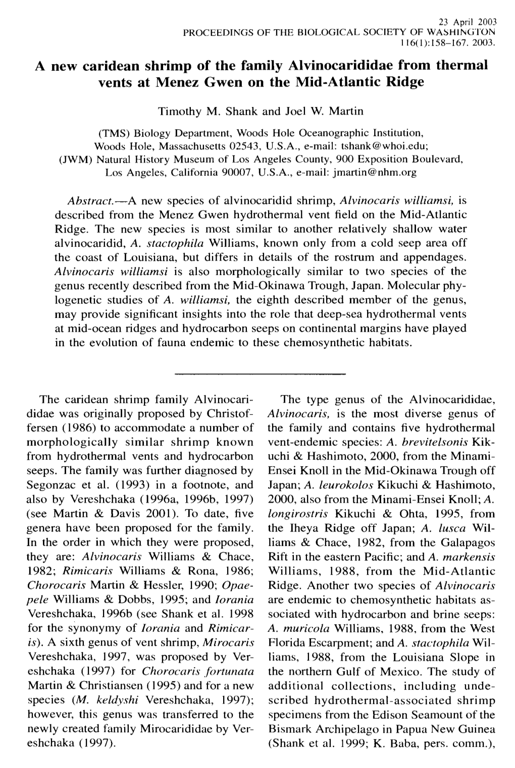 A New Caridean Shrimp of the Family Alvinocarididae from Thermal Vents at Menez Gwen on the Mid-Atlantic Ridge