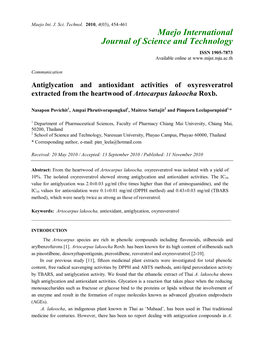Antiglycation and Antioxidant Activities of Oxyresveratrol Extracted from the Heartwood of Artocarpus Lakoocha Roxb