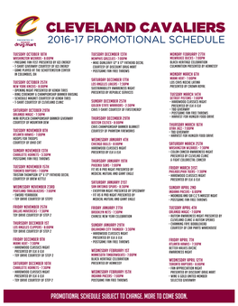Cleveland Cavaliers 2016-17 Promotional Schedule