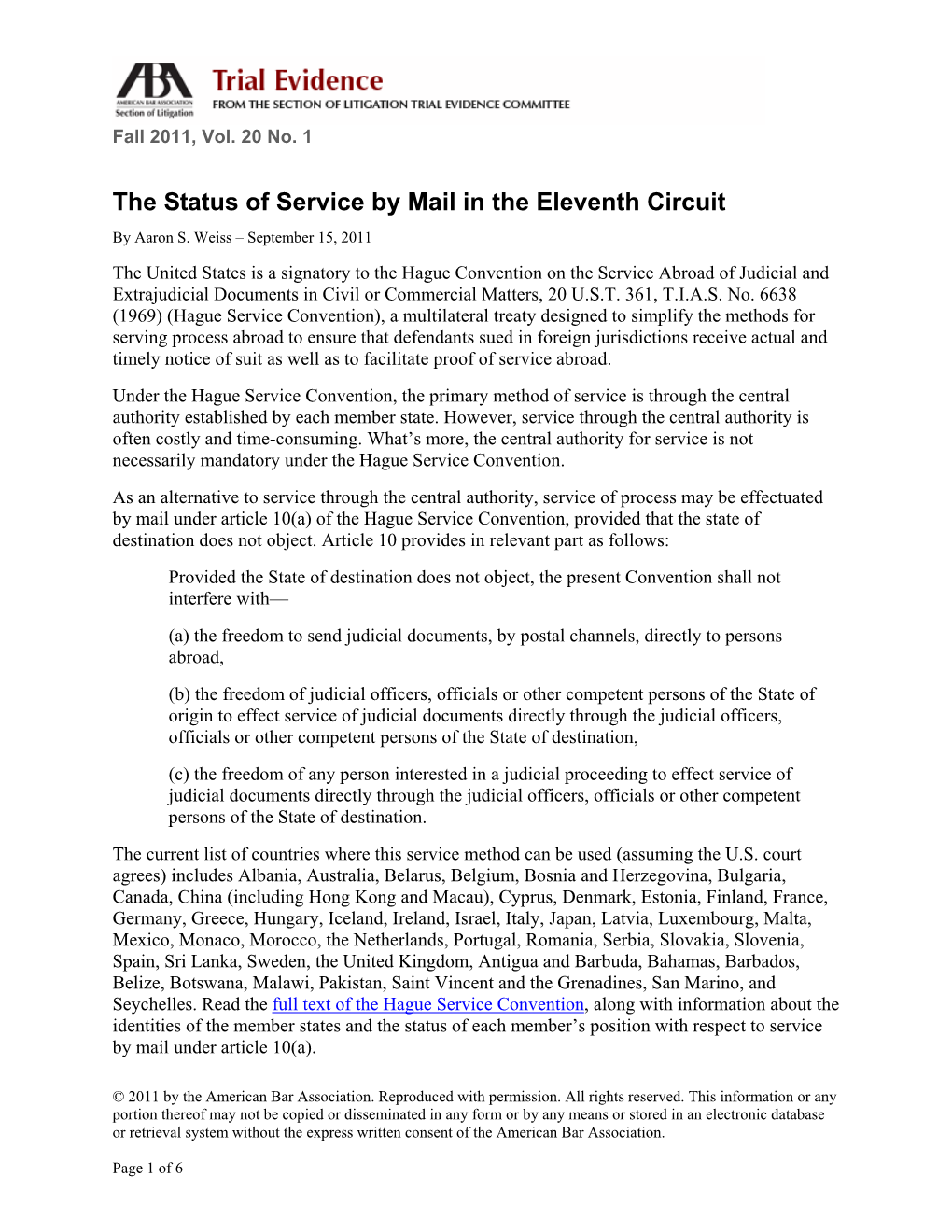 The Status of Service by Mail in the Eleventh Circuit by Aaron S