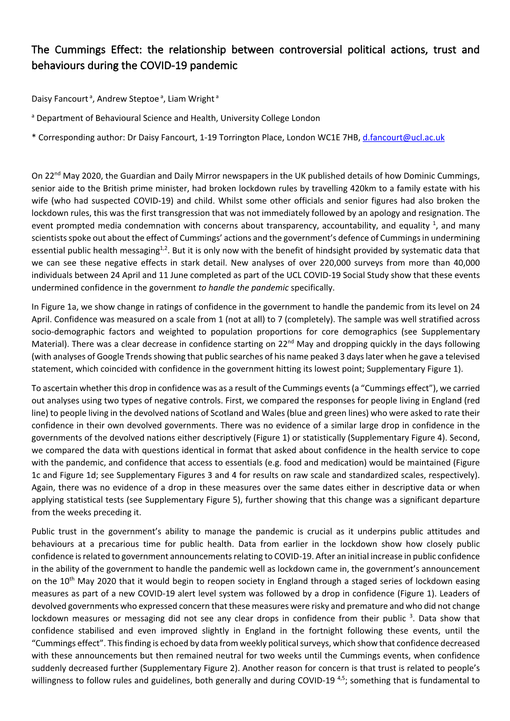 The Cummings Effect: the Relationship Between Controversial Political Actions, Trust and Behaviours During the COVID-19 Pandemic