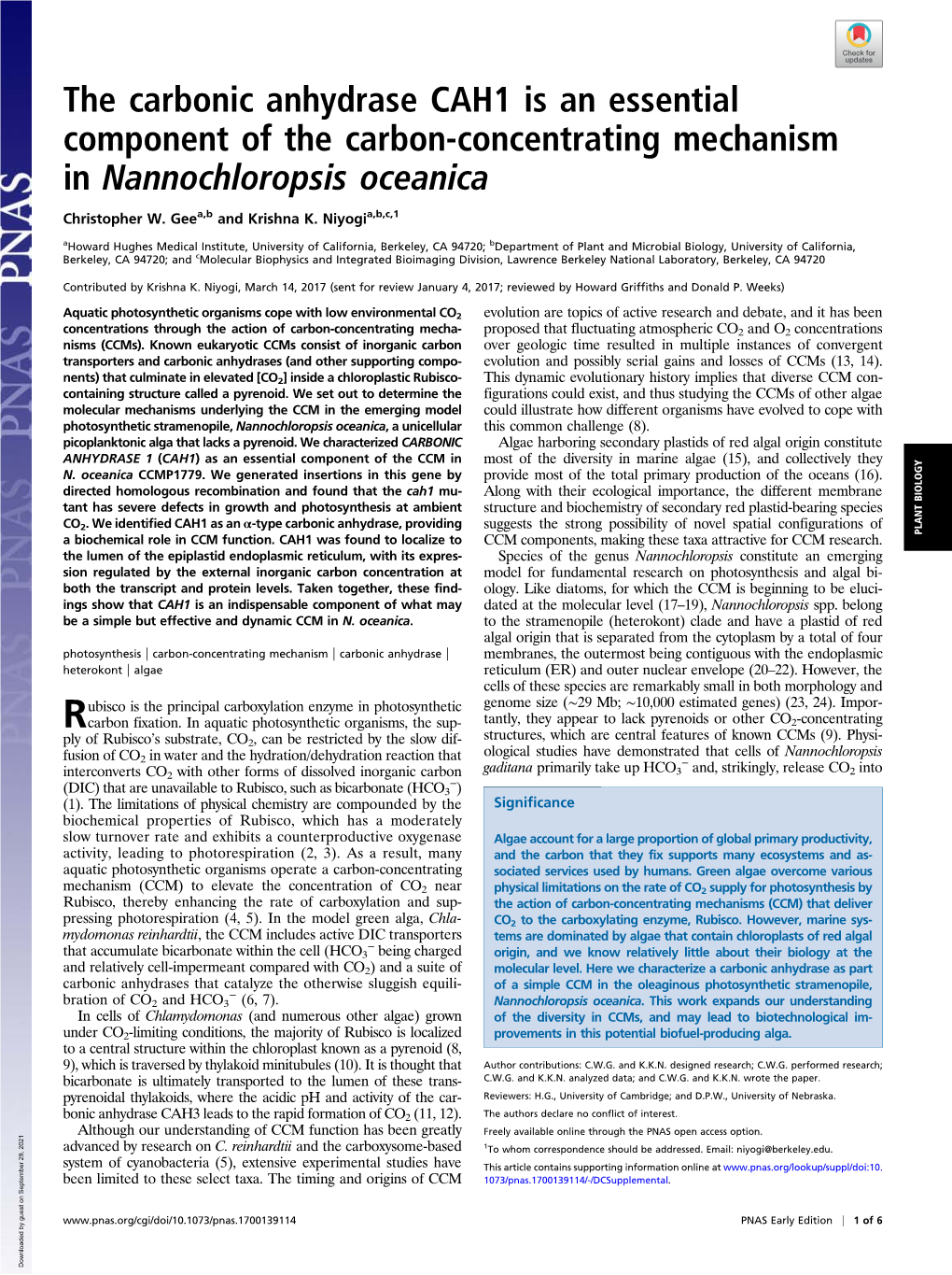 The Carbonic Anhydrase CAH1 Is an Essential Component of the Carbon-Concentrating Mechanism in Nannochloropsis Oceanica