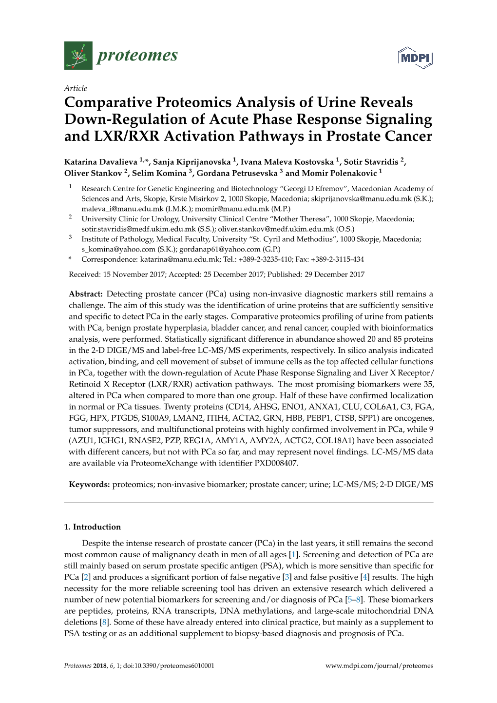 Comparative Proteomics Analysis of Urine Reveals Down-Regulation of Acute Phase Response Signaling and LXR/RXR Activation Pathways in Prostate Cancer