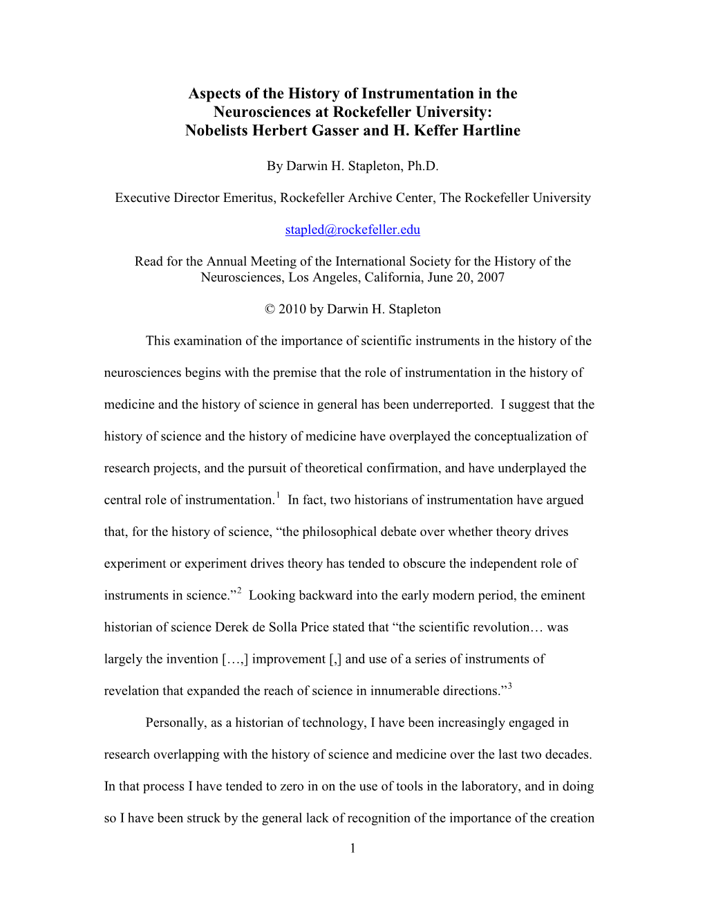 Aspects of the History of Instrumentation in the Neurosciences at Rockefeller University: Nobelists Herbert Gasser and H