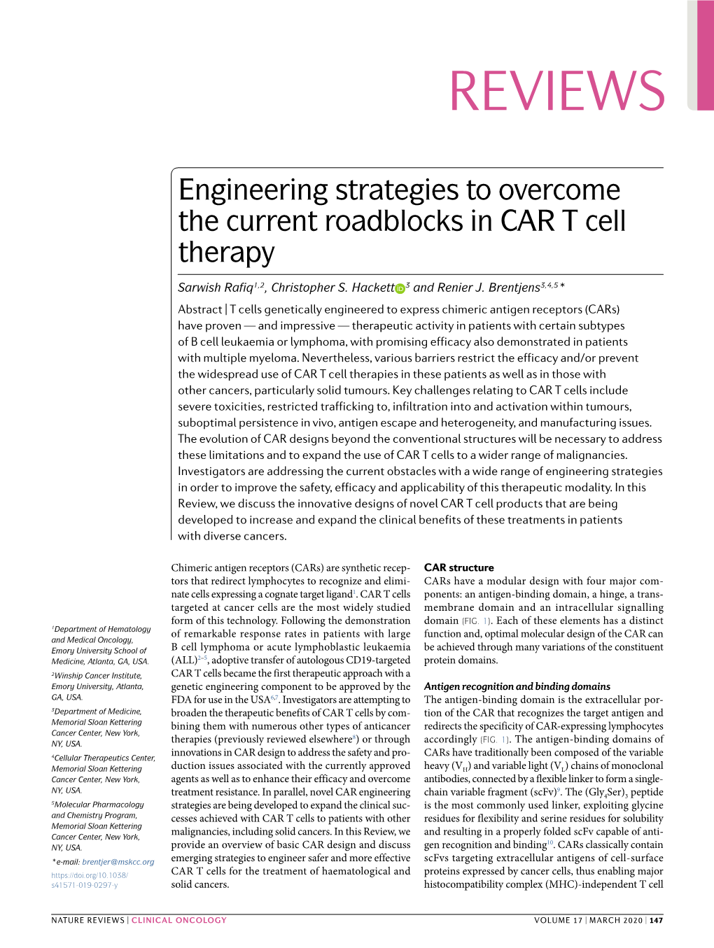 Engineering Strategies to Overcome the Current Roadblocks in CAR T Cell Therapy