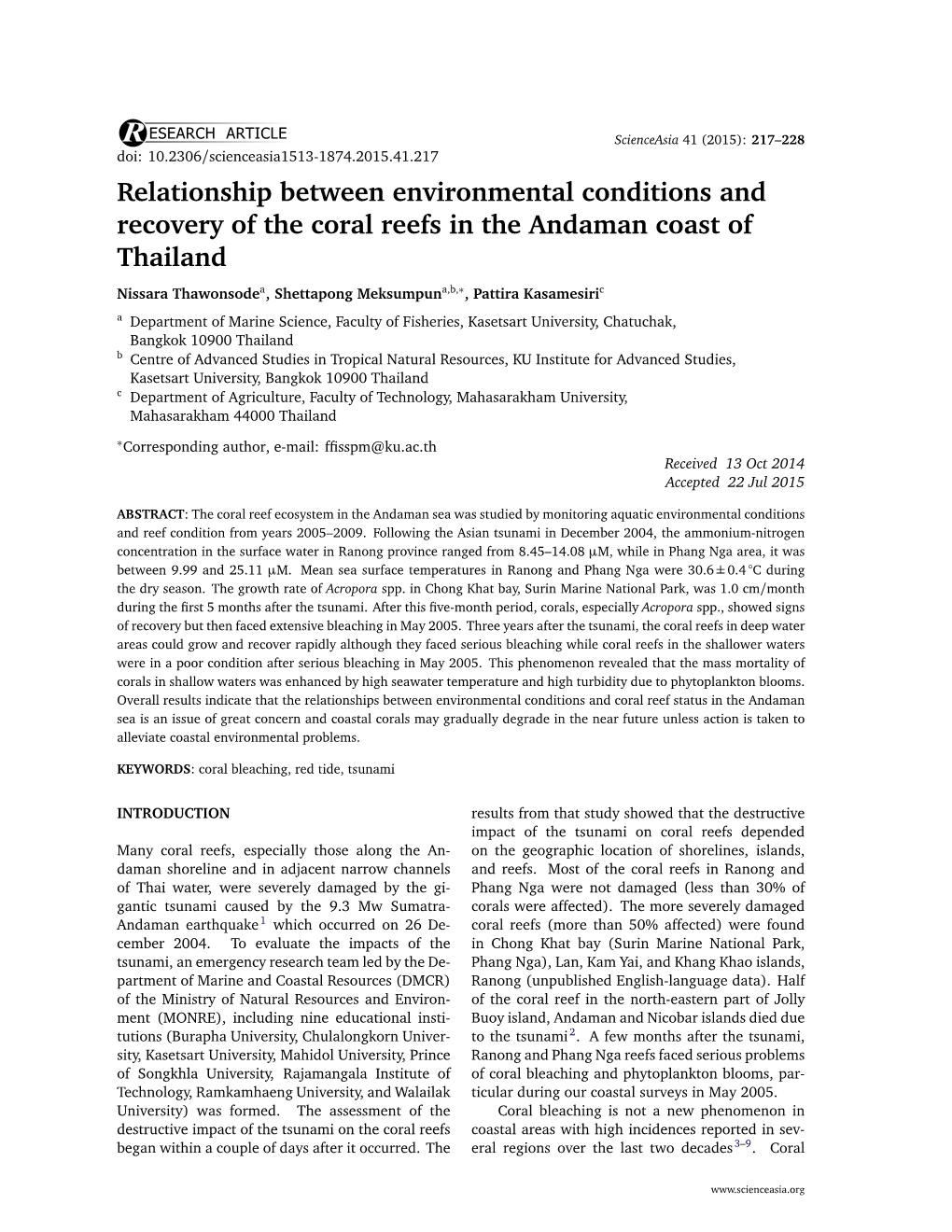 Relationship Between Environmental Conditions and Recovery of the Coral Reefs in the Andaman Coast of Thailand