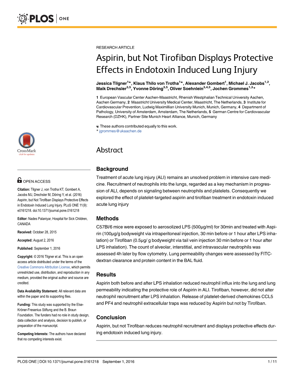 Aspirin, but Not Tirofiban Displays Protective Effects in Endotoxin Induced Lung Injury