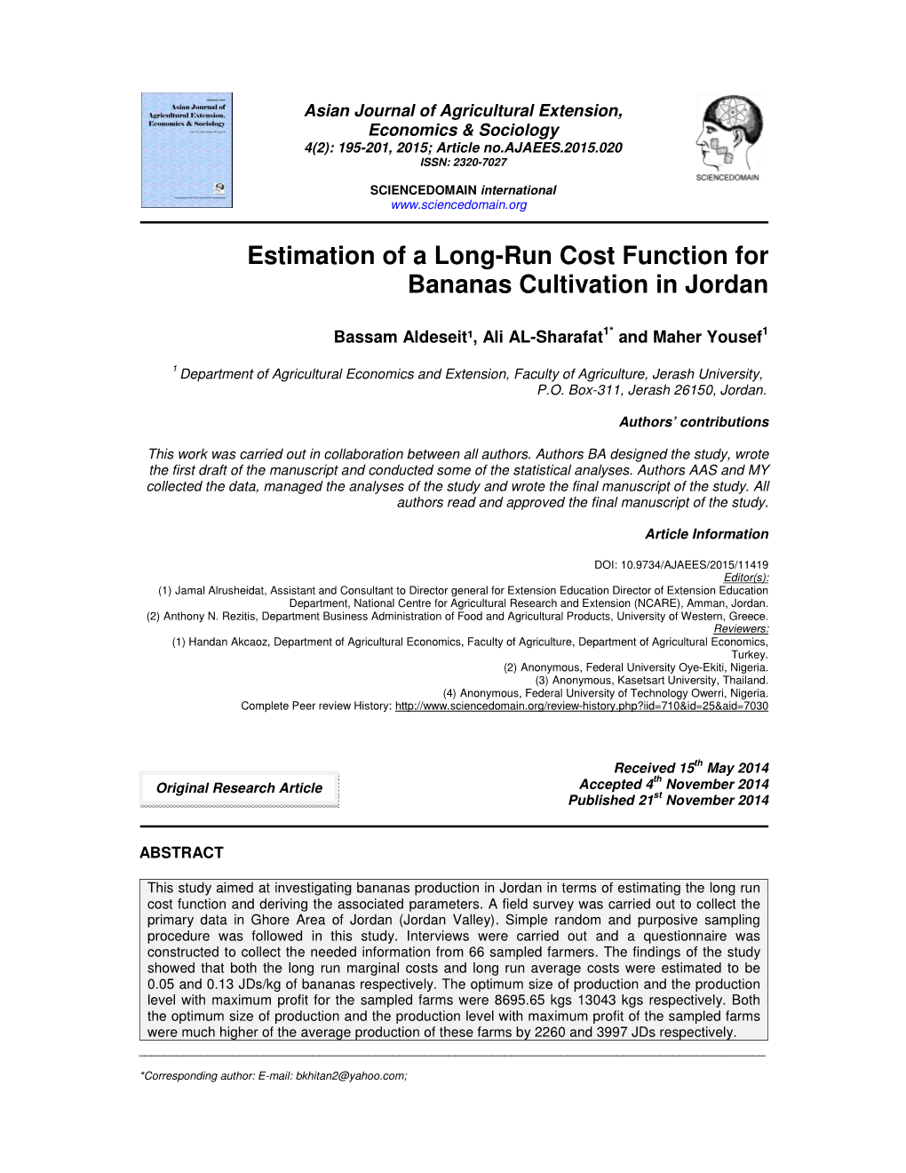 Estimation of a Long-Run Cost Function for Bananas Cultivation in Jordan