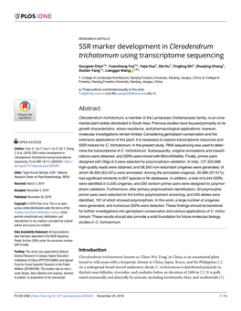 SSR Marker Development in Clerodendrum Trichotomum Using Transcriptome Sequencing