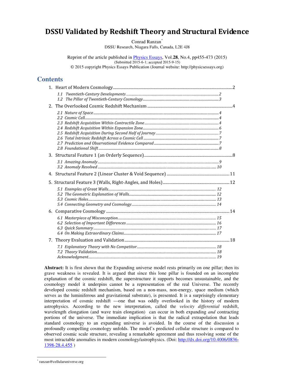 DSSU Validated by Redshift Theory and Structural Evidence Conrad Ranzan * DSSU Research, Niagara Falls, Canada, L2E 4J8