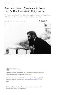 American Zionist Movement to Honor Herzl's 'Der Judenstaat', 125 Years On